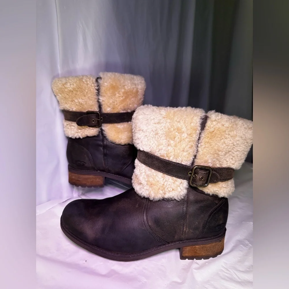 UGG Tan Shearling Buckle Boots